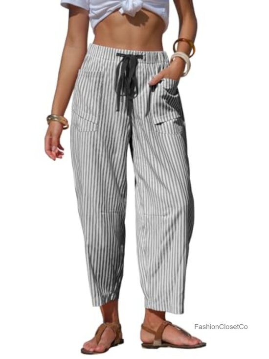 Pants - Faux Linen Striped Barrel Pants Drawstring Capri Lounge Trousers with Pockets